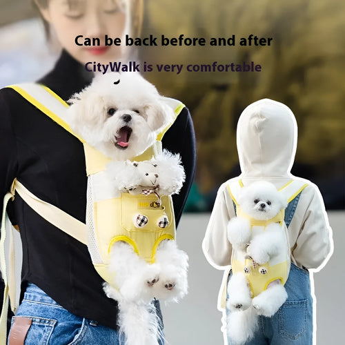 Cartoon animal pattern pet carrier chest bag in soft canvas with decorative ribbon and colourful stitching