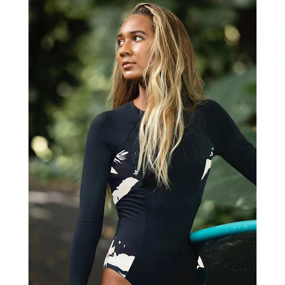 Black printed long-sleeved one-piece diving suit for women