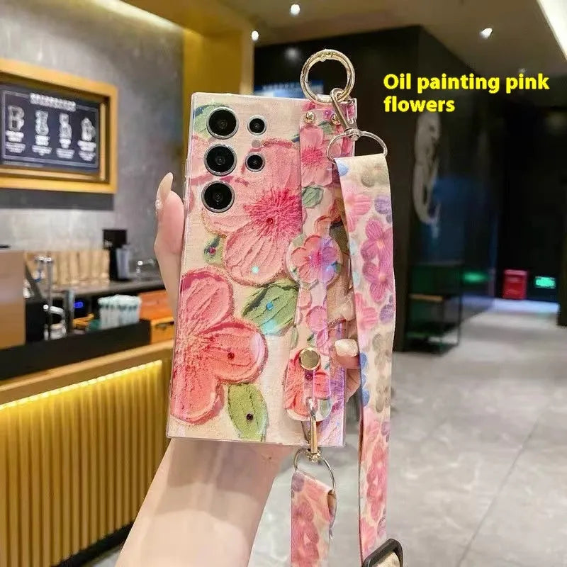 Oil painting flower phone case with rhinestone wristband lanyard for Samsung, blue purple flower design