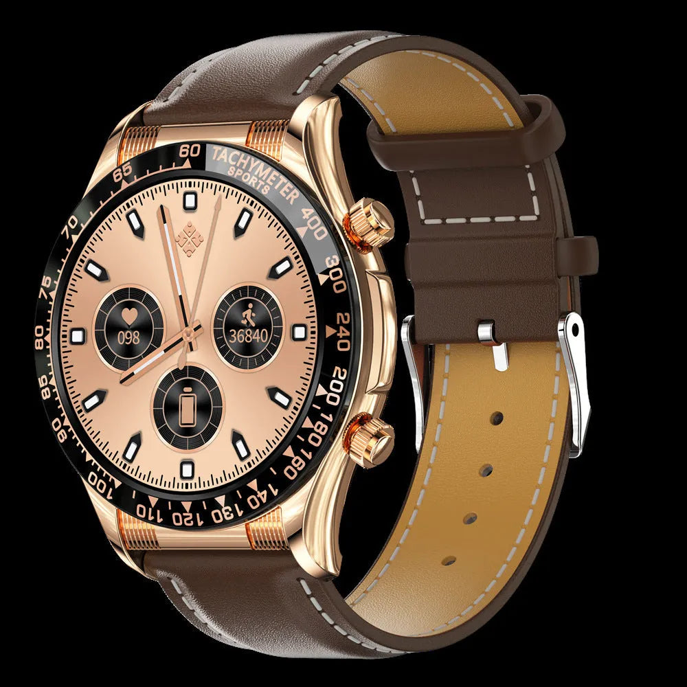 Men's business smart watch with 1.32-inch IPS screen, zinc alloy case, and silicone strap showing health monitoring interface