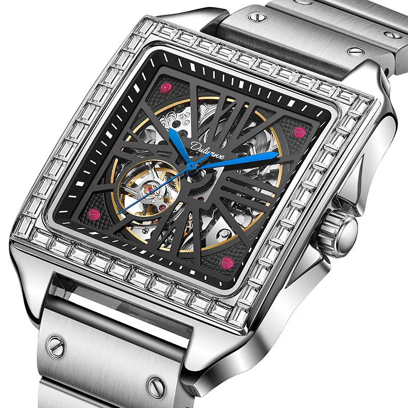 Men's square-faced automatic watch with diamond studs on a black steel bracelet, model 6066A.