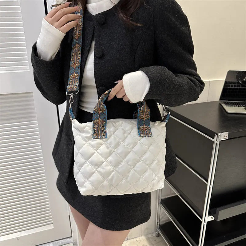 Soft Oxford cloth shoulder messenger bag with embroidery design and internal phone pocket in horizontal square shape