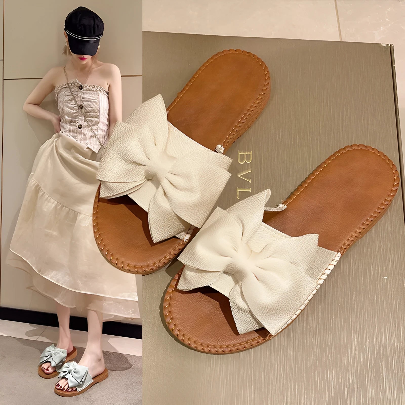 Women's beige suede slip-on sandals with a bow detail and soft rubber sole
