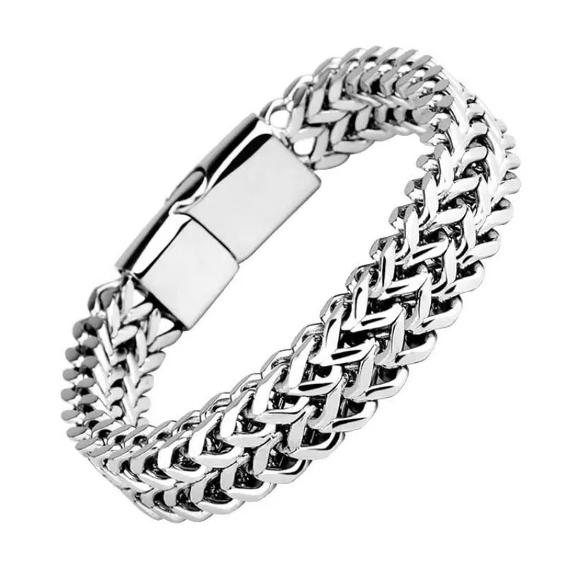 Geometric titanium steel men's bracelet in silver with hip hop styling front and back view