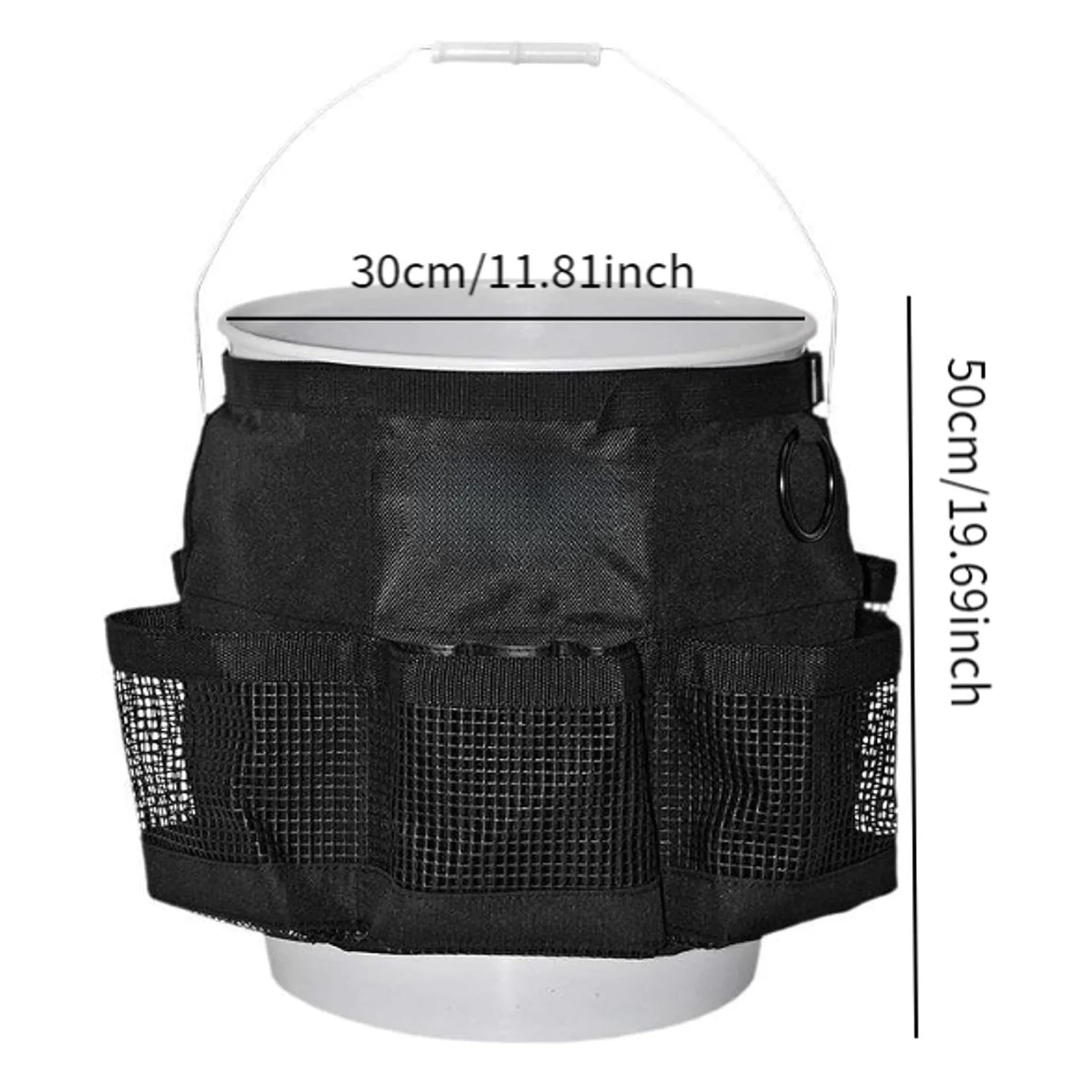 Black cylindrical polyester hanging storage bag designed for a 5-gallon bucket.