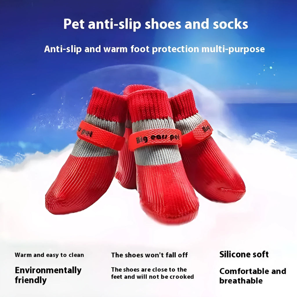 Pair of soft-bottom dog shoe covers in blue, red, or black with waterproof non-slip knitted glue sole, sizes S to XL