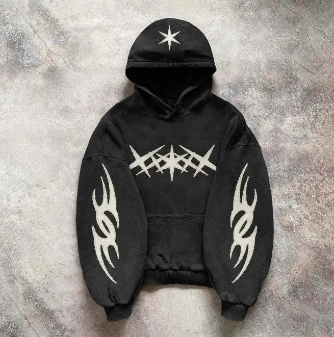 Printed pullover hoodie in slim fit with long sleeves, patch pocket, polyester fabric, sizes S to 3XL
