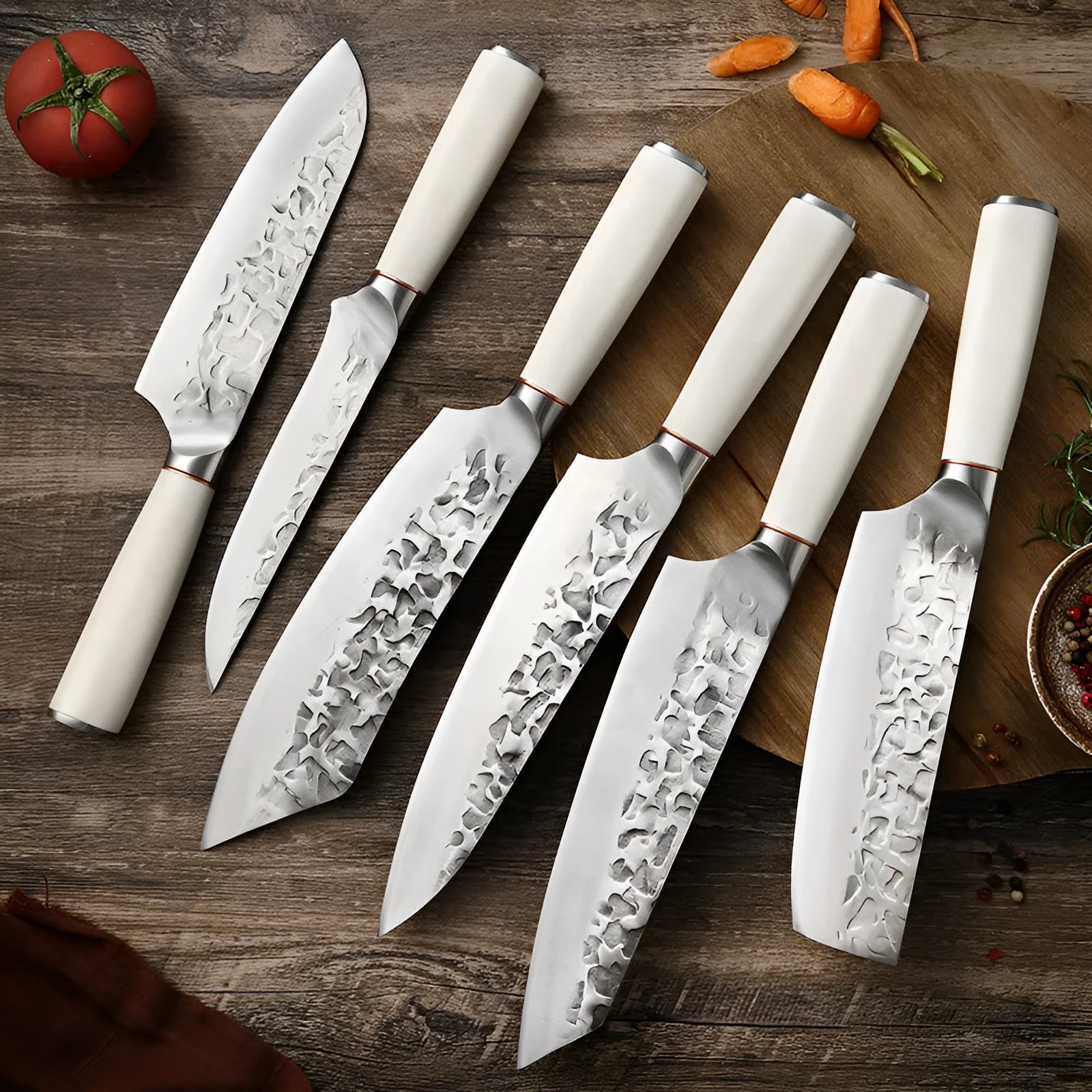 Hand-forged stainless steel kitchen knife set with 7 blades on a wooden cutting board
