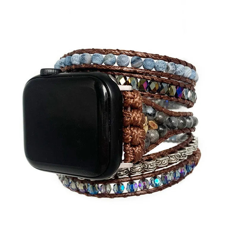 Agate woven bohemian watch band with natural stone beads on textured background, two size options
