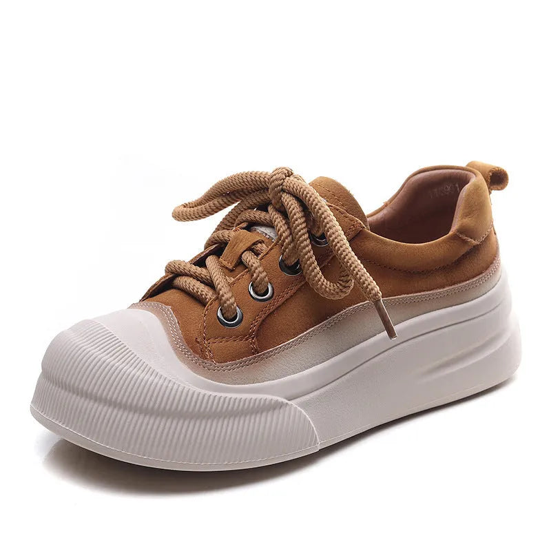 Women's yellow and cameo brown round-toe lace-up casual shoes with cow leather uppers.
