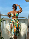 Women's three-piece split swimsuit set with top, briefs, and printed beach skirt in yellow green, magenta, or purple