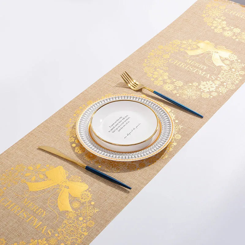 Christmas table runner with elk and snowman design on cotton linen fabric