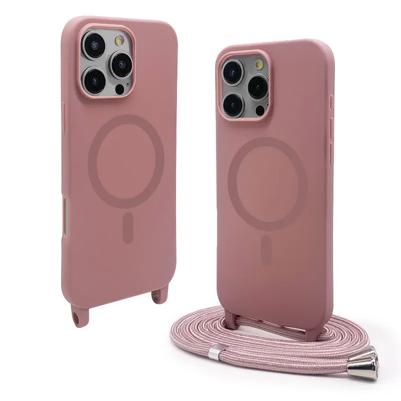 Black magnetic lanyard phone case for iPhone with frosted TPU finish and crossbody strap holder