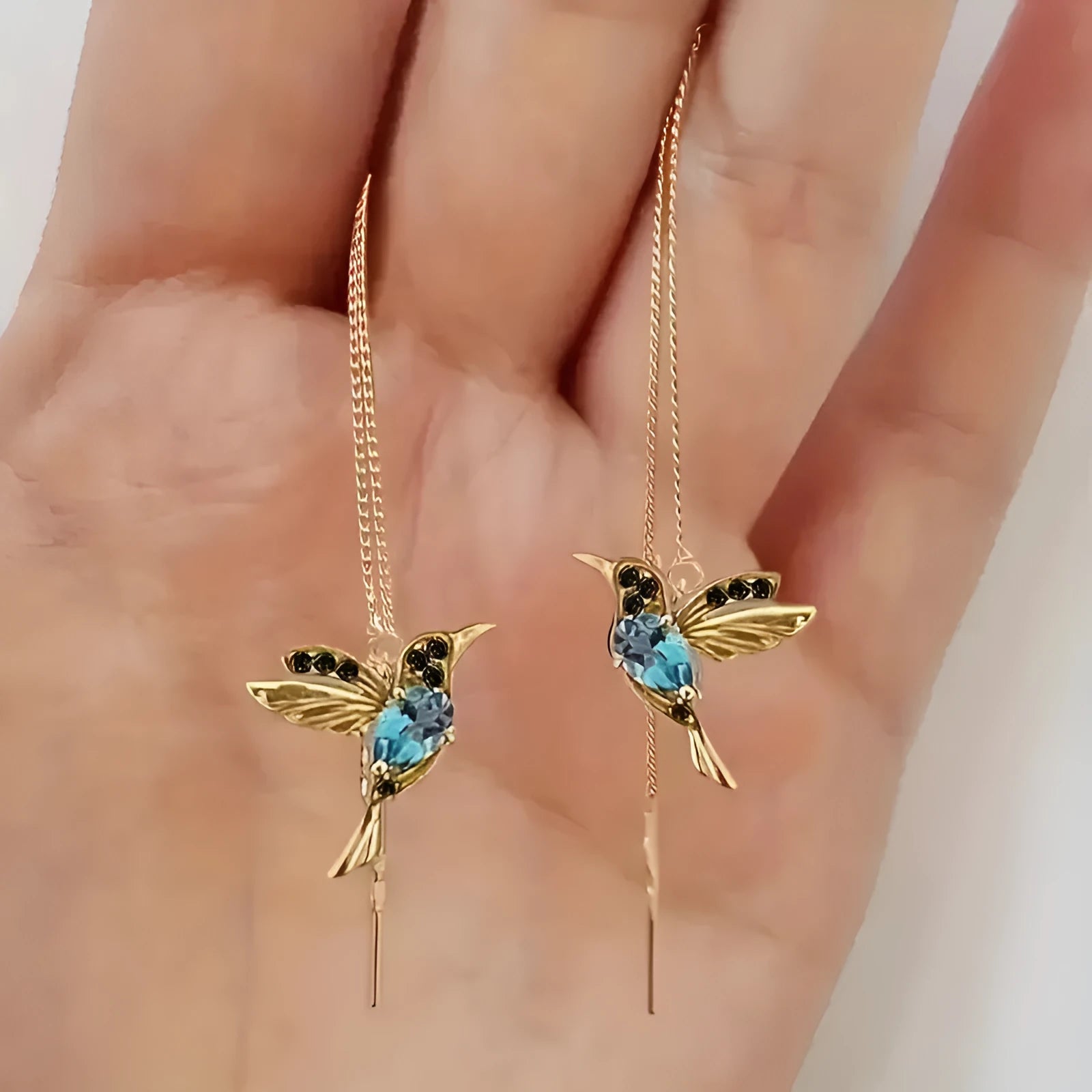 Bird hanging long earrings with electroplated zirconium wings in red, blue and red lvzuan colours