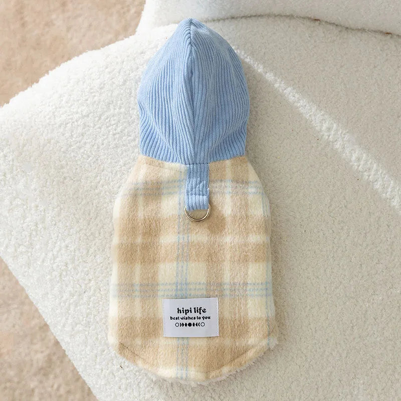 Blue corduroy dog hoodie vest with chessboard pattern and zip front closure
