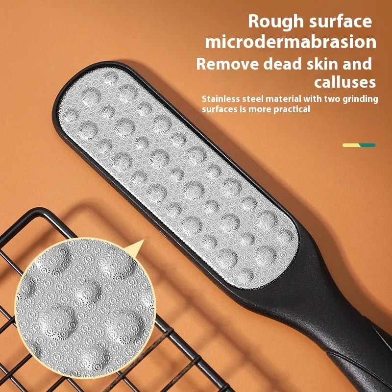Stainless steel foot file with handle and two double-sided sandpaper pads for callus removal.