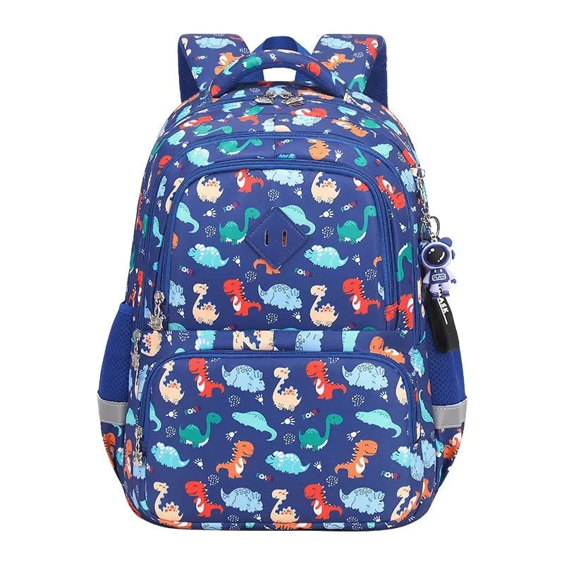 Children's waterproof school backpack in Oxford cloth with dinosaur pattern and curved shoulder straps
