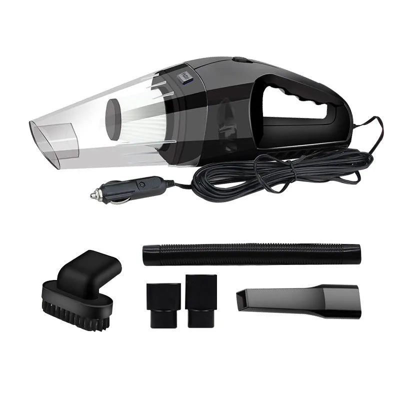 Orange 12V portable handheld car vacuum cleaner with nozzle attachments on a car seat.