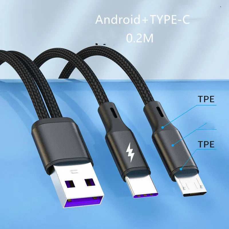 Black braided two-in-one charging cable with dual Android connectors for simultaneous device charging