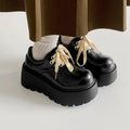 Matte black women's lace-up shoes with a thick rubber sole and a 6-8cm English muffin heel.