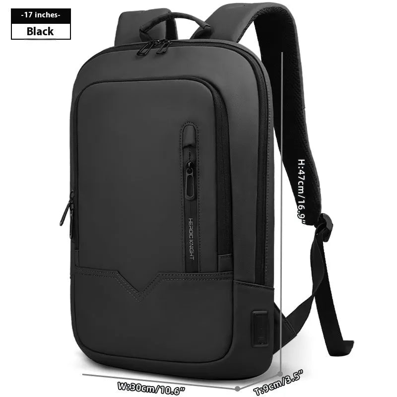 Men's lightweight polyester laptop backpack with USB port in black, shown in 14-inch size.