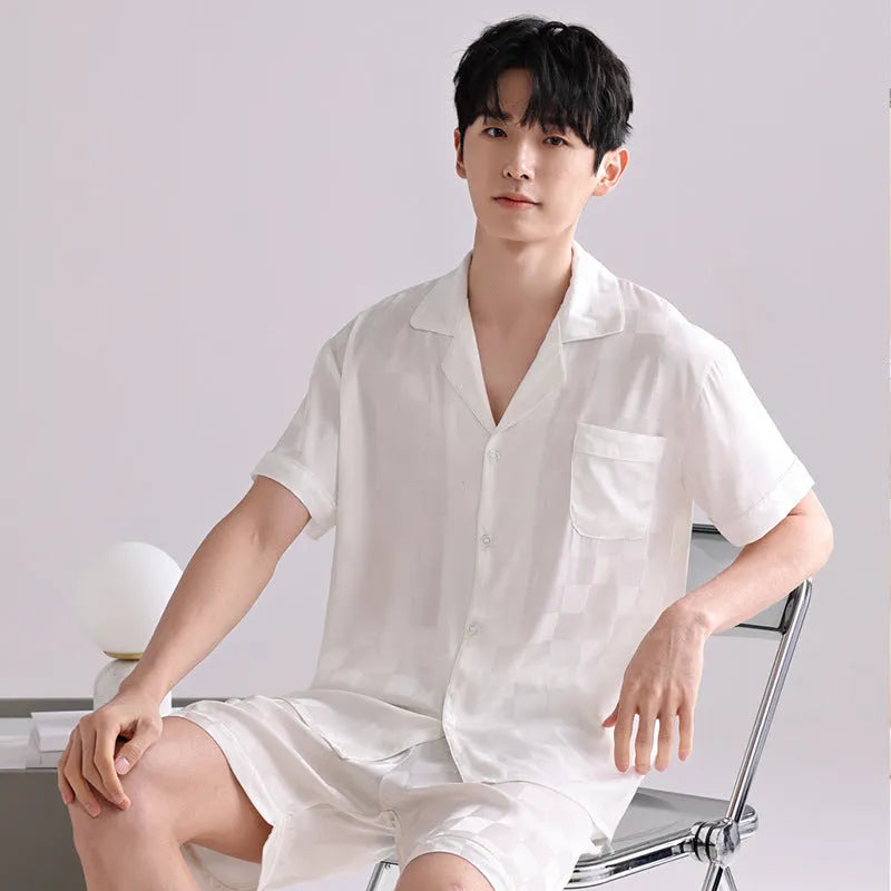 Men's ice silk pyjama cardigan set in artificial silk fabric with shorts, available in multiple satin jacquard patterns