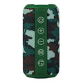Compact outdoor waterproof speaker in choice of black, camouflage, grey, or red, showing control buttons and ports.
