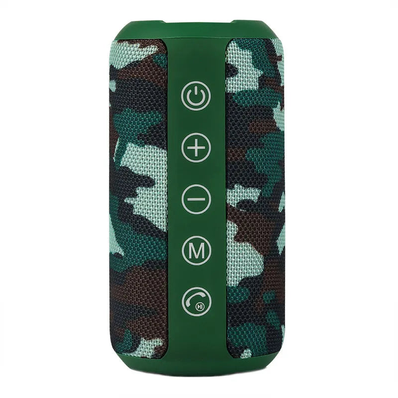 Compact outdoor waterproof speaker in choice of black, camouflage, grey, or red, showing control buttons and ports.