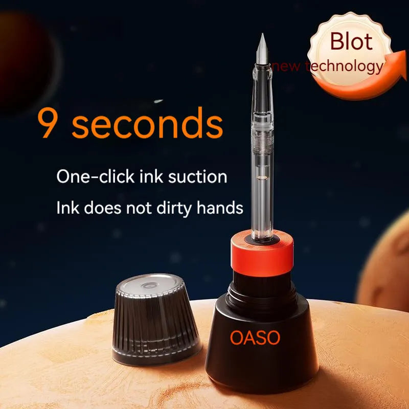 Student automatic suction pen set showing pen, ink feeder, handbag, and manual with 0.38mm and 0.5mm nib options.