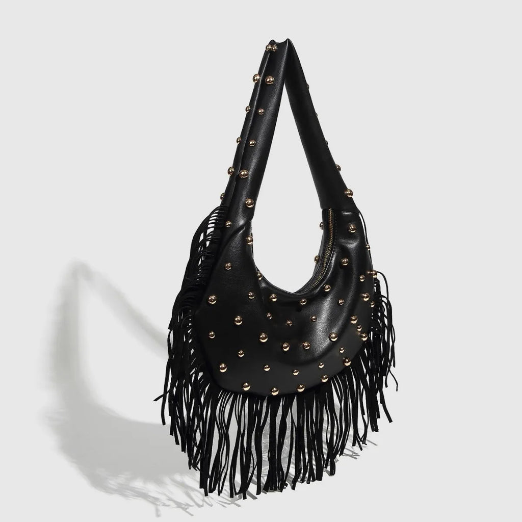 Retro personalised tassel shoulder handbag in black or wine red with internal phone compartment