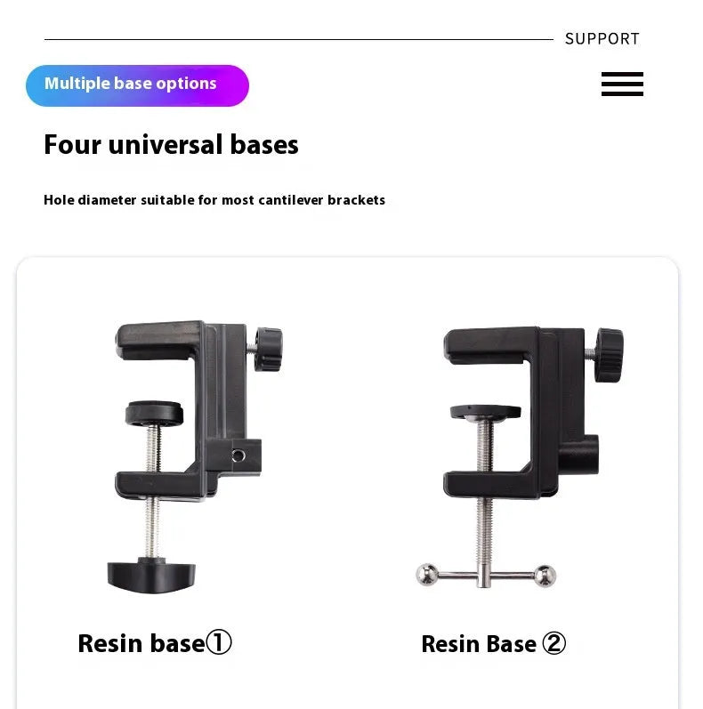 Black foldable metal desktop cantilever bracket holding a tablet, showing adjustable arm and clip.