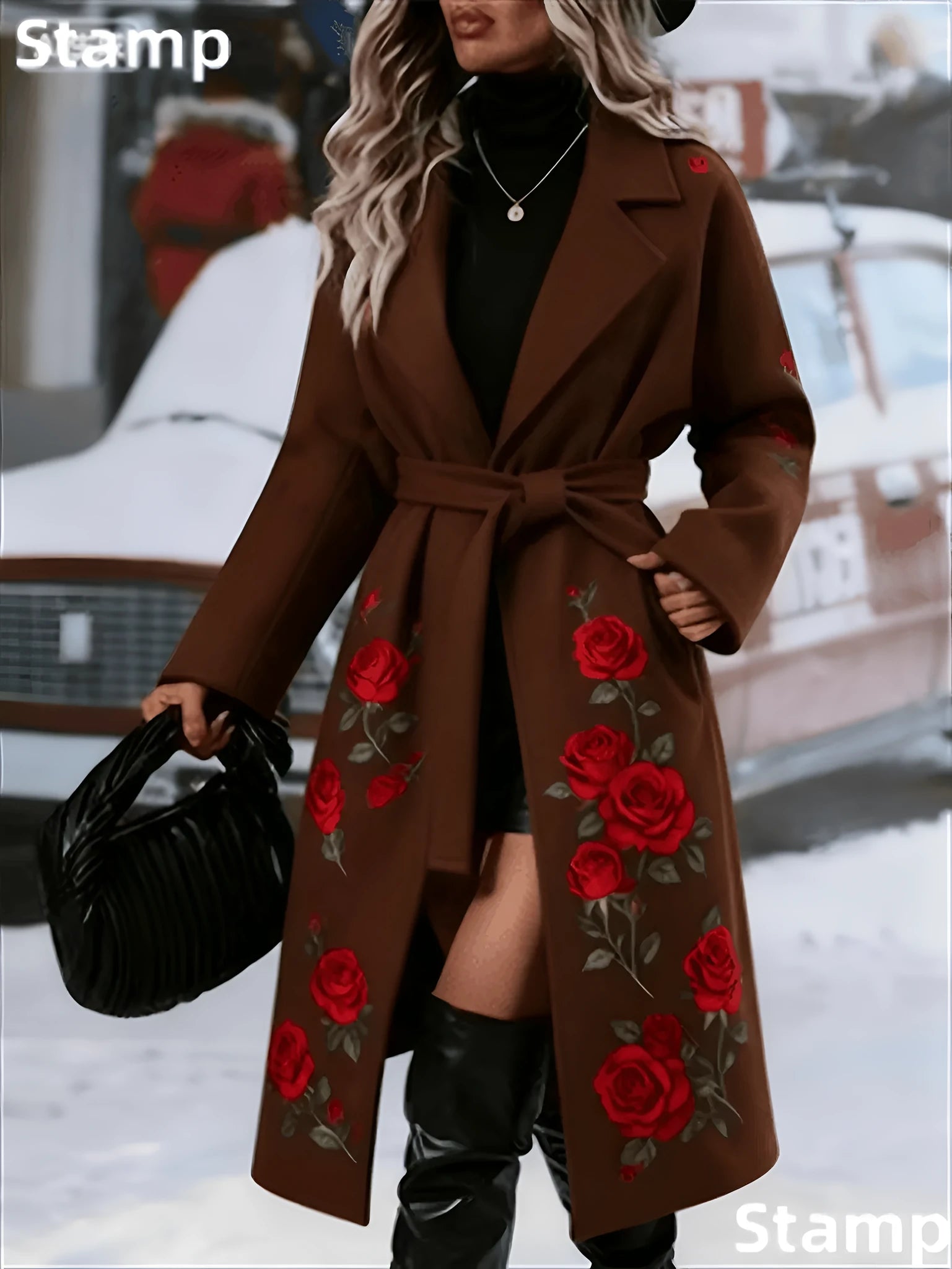 Women's long coat in coffee colour with a casual silhouette, available in sizes from S to 2XL