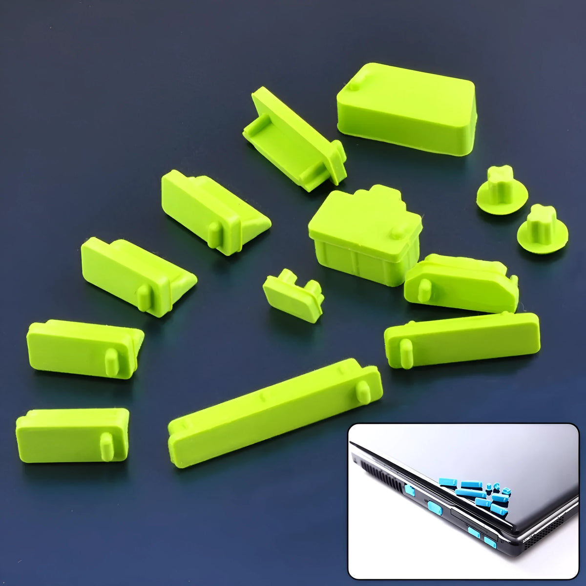 13-piece silicone laptop dust plug set for VGA USB HDMI audio RJ45 SD and 1394 ports in transparent and colours