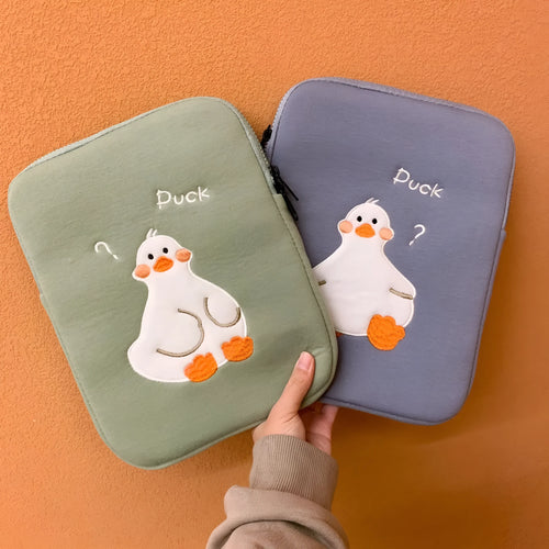 Cartoon cute duck embroidery tablet case with zipper closure in cotton material
