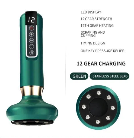 Green electric vacuum cupping massager device with USB cable on a white background