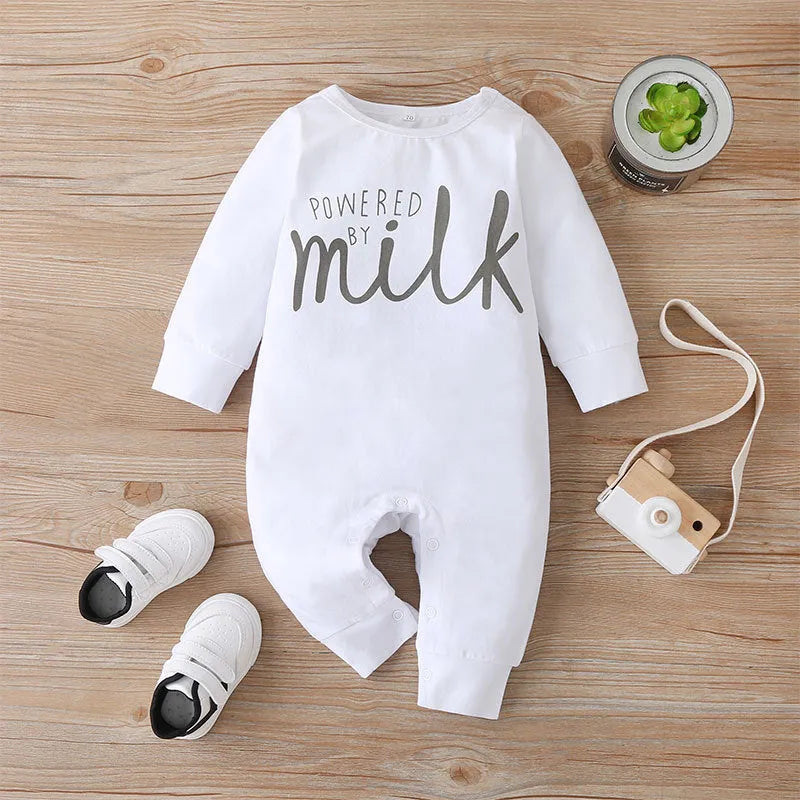 White alphabet baby bodysuit with concealed front buttons, 95% cotton, suitable for newborns