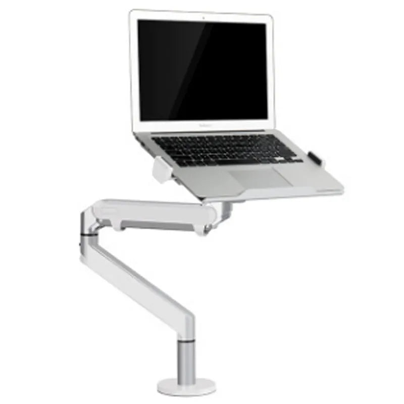 Silver aluminium laptop stand with adjustable air pressure arm bracket holding a MacBook notebook.