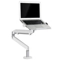 Silver aluminium laptop stand with adjustable air pressure arm bracket holding a MacBook notebook.