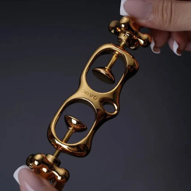 Copper U-shaped geometric lock finger ring with electroplated finish and circle triangle hexagon octagon quadrilateral motifs