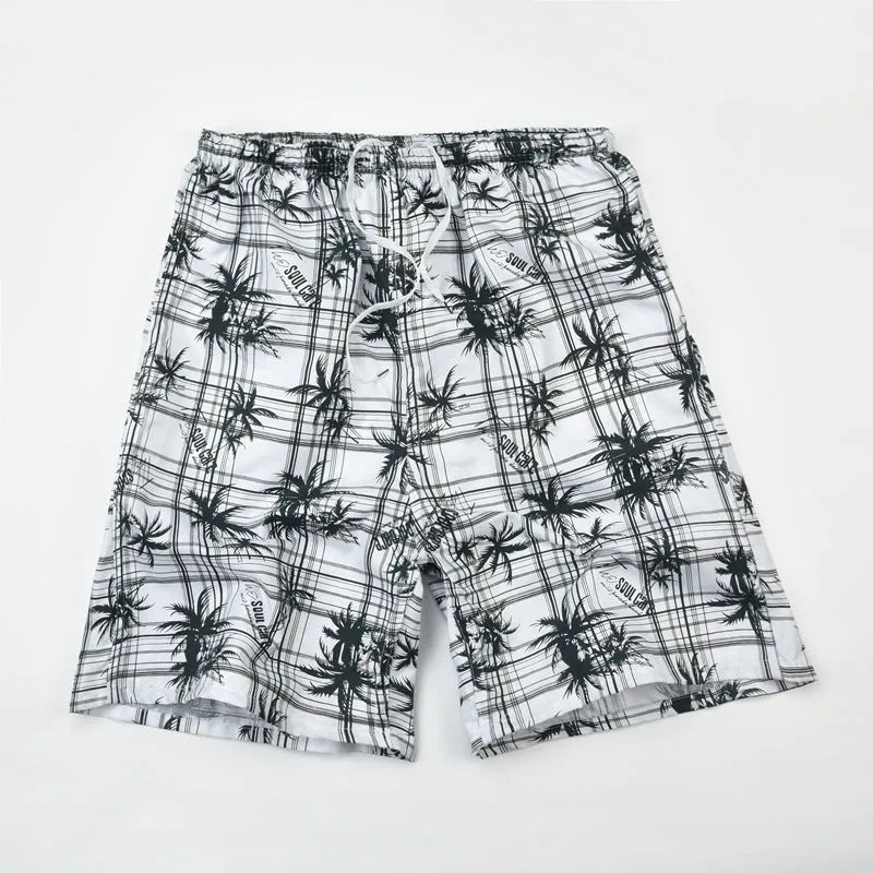 Men's floral print swimming trunks in polyester fabric shown in a free-size fit.