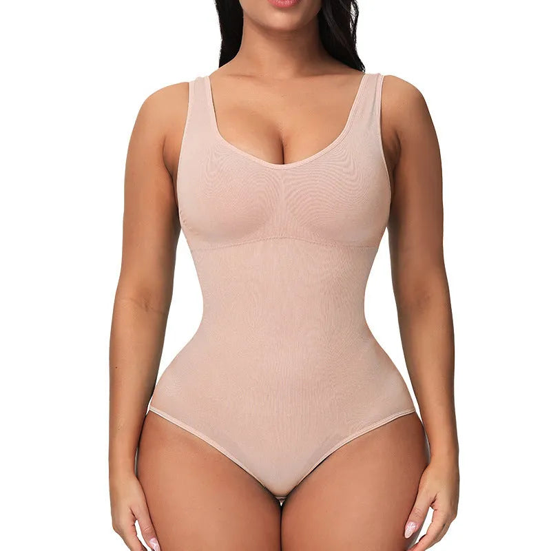 Seamless nylon bodysuit in green colour showing waist support and hip lift shaping