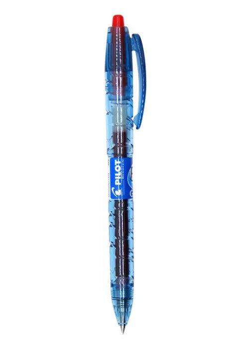 0.5mm press gel pen with transparent blue barrel showing refill colour