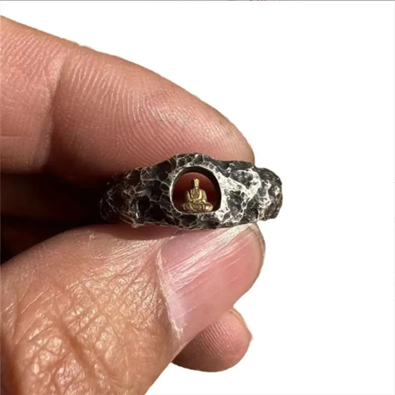 Hand-forged copper Buddha ring with grotto rock texture, showing retro style and size 8 band.