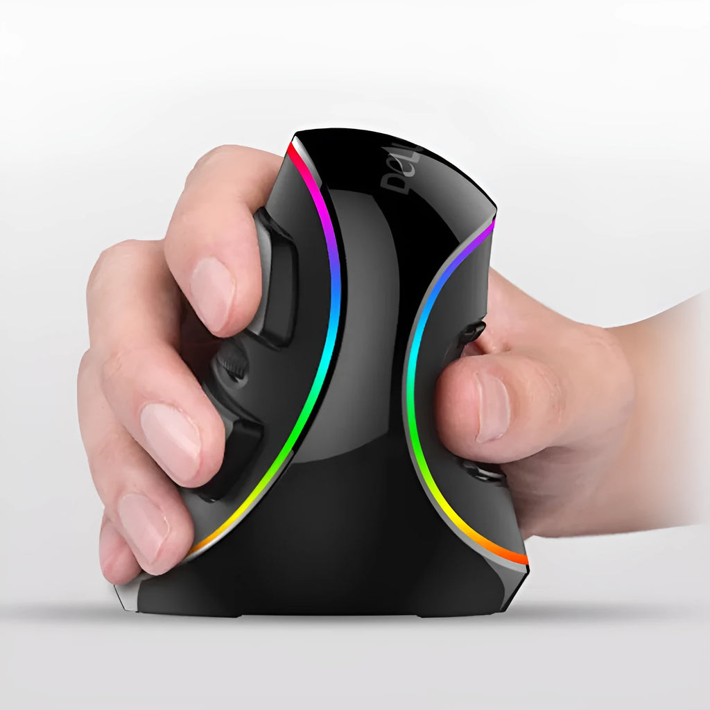 Vertical ergonomic snail-shaped RGB wired mouse with USB cable, available in three styles.