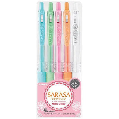 Eight colour press gel pens in milk shades with 0.5mm tip on white background