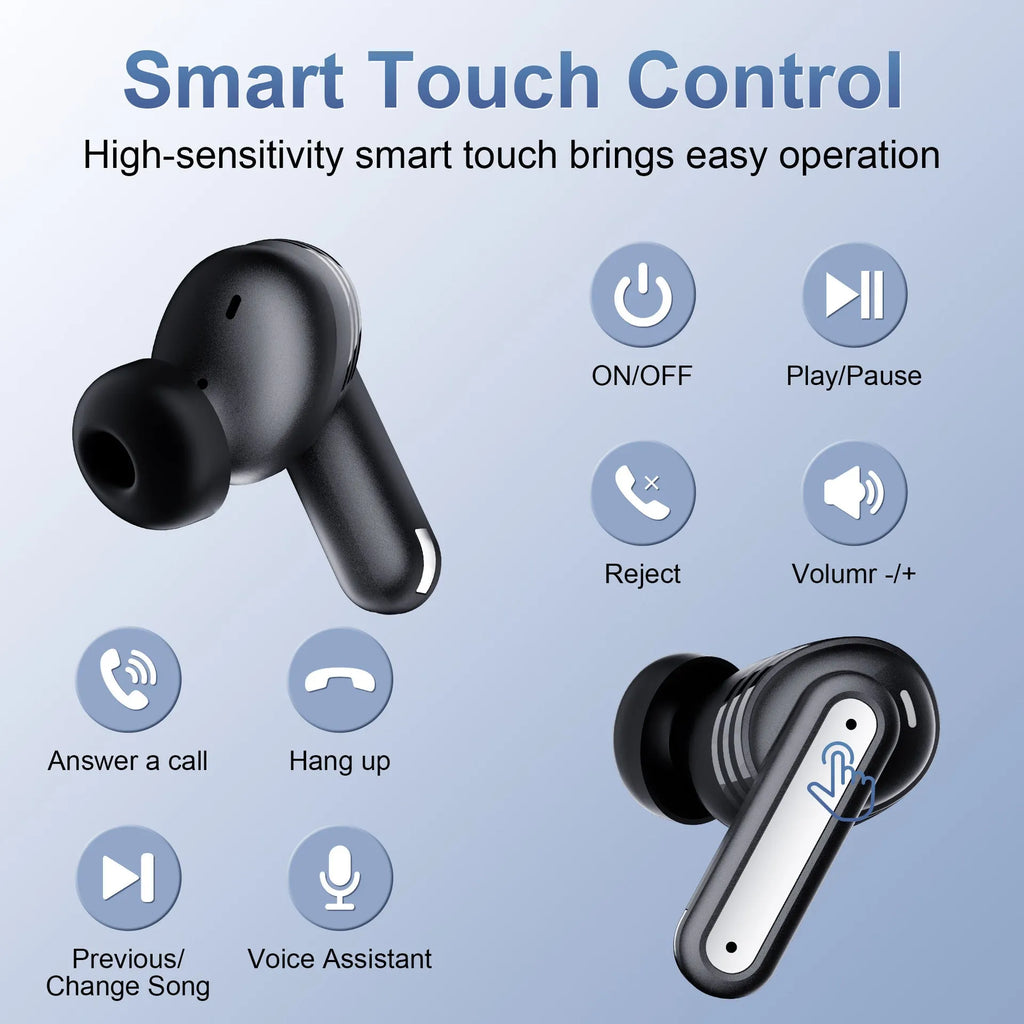Black or white Bluetooth earphones with digital noise reduction, 10m range and 8+ hour battery life