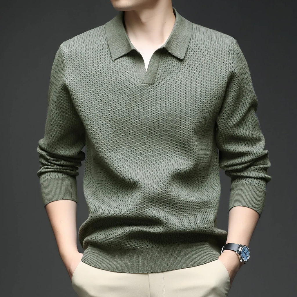 Men's loose fit casual pullover sweater in green, shown on a model for autumn leisure wear.
