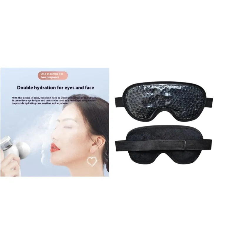 White portable rechargeable eye care device with hot compress and atomisation functions, shown with included eye mask and cable.