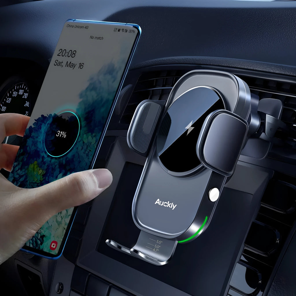 15W car wireless charger with automatic induction clamp, black finish, mounted on car vent with smartphone