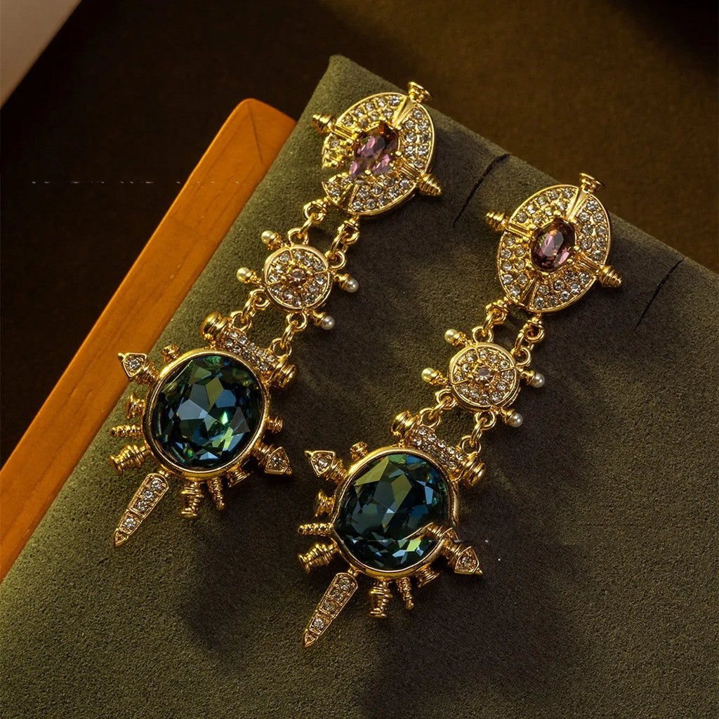 Gold retro geometry stud earrings with diamond cut treatment on alloy material